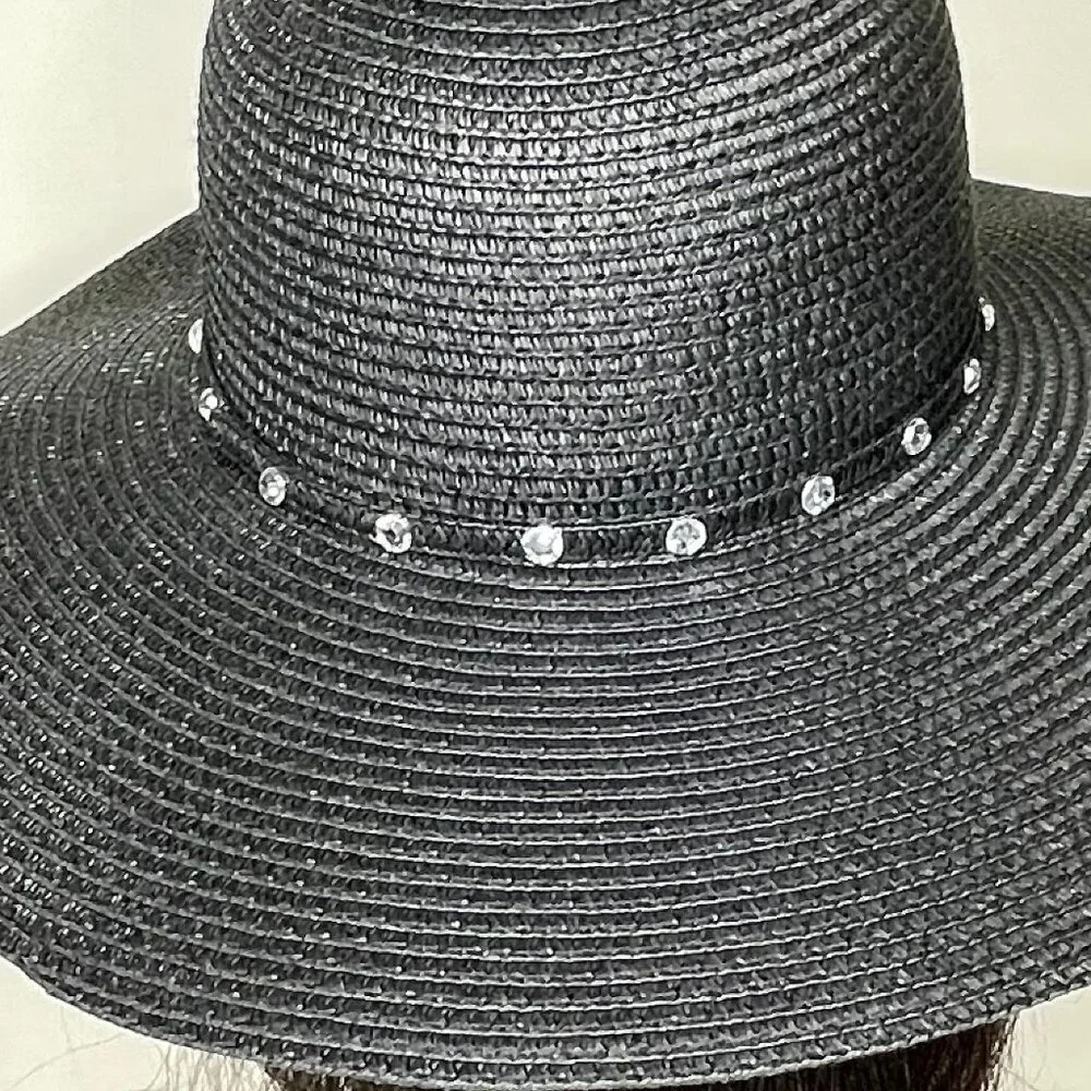 Boutique Gothic Wide Brim Black Straw Sun Hat Rhinestone Crystal Embellished